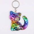 Portachiavi gatto con paillettes reversibili arcobaleno e anello in metallo argentato lucido - Gatto-Colorato