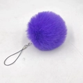 Plush purple faux rabbit fur pompom keychain with silver lobster clasp and black lanyard - 8cm Faux Fur + Strap / Deep purple