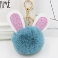 Close-up of sky blue plush rabbit fur ball keychain with pink glitter ears and gold ring - Gold Key Chain Style / Teal