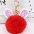 Plush bunny keychain with red faux fur pompom and glittery rabbit ears on gold clip - Gold Key Chain Style / Red