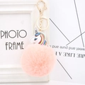 Colorful plush unicorn pompom keychain with pink faux fur ball and gold lobster clasp - Pink