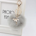 Close-up of fluffy grey faux fur pompom keychain with a rhinestone ballet dancer charm - 8cm Faux Fur / Light Gray
