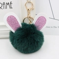 Detail of dark green plush rabbit ear keychain with pink sequins and gold metal clasp - Gold Key Chain Style / Dark Green