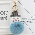 Détail du pompon en fausse fourrure bleue et charme bonhomme de neige sur porte-clés - Bleu sarcelle