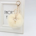 Close-up of fluffy white faux fur pompom with golden rhinestone ballerina charm keychain - 8cm Faux Fur / Off White