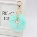 Cute mint green faux rabbit fur pom pom keychain with rhinestone ballet dancer charm - 8cm Faux Fur / Mint Green
