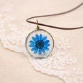 Vue macro du collier marguerite bleue séchée avec enroulement en fil de bronze - Série de Fleurs Pressées Réelles / Bleu saphir