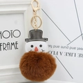 Gros plan d'un porte-clés bonhomme de neige avec pompon en fausse fourrure marron. - Marron