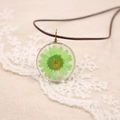 Vue macro d'une fleur séchée verte en résine transparente avec cordon tressé marron - Série de Fleurs Pressées Réelles / Vert foncé