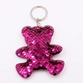 Detail of bear-shaped sequin keychain in magenta with silver metallic ring and chain - Single Ring Buckle / Bear-Rose Red