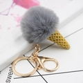 Gros plan d'un porte-clés cornet de glace en fourrure grise avec un fermoir doré - Crème Glacée + Fermoir Doré / Gris foncé