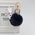 Dettaglio del portachiavi con pompon blu navy, ciondolo alpaca bianco e gancio oro rosa - 8cm Pelliccia di Coniglio Sintetica / Blu Notte