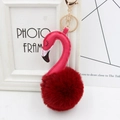 Detail view of flamingo plush keychain with fuchsia faux fur and golden metal lobster clasp - Wine Red and Rose