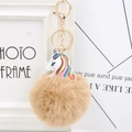 Detailed view of unicorn PU leather charm with soft khaki faux fur pompom and gold keychain - Khaki