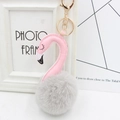 Detail of plush flamingo keychain with pink PU leather and soft grey faux fur pom pom - Light Gray and Pink