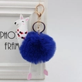 Dettaglio del ciondolo alpaca bianco e del grande pompon in pelliccia blu scuro sul portachiavi - 8cm Pelliccia di Coniglio Sintetica / Blu Zaffiro