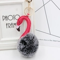 Detail of pink faux leather flamingo keychain with grey plush ball and gold hardware - Two-Tone Black and Rose
