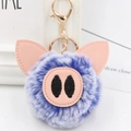 Close-up of cute purple plush pig keychain with soft faux fur and golden alloy lobster clasp - Gold Key Chain Style / Double Blue