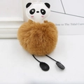 Detailed close-up of a plush panda pompom keychain with soft faux fur and leather details - Coffee