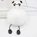 Detailed view of a soft panda pompom keychain with faux fur and black leather legs for bags - White