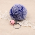 Blue-purple faux fur pompom keychain with a pink bell and silver metal ring decoration - 8cm Faux Rabbit Fur With Bell / Two-tone Blue