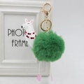 Dettaglio portachiavi alpaca con pompon di pelliccia verde e anello in metallo - 8cm Pelliccia di Coniglio Sintetica / Verde militare