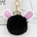 Detail of black faux fur rabbit keychain with pink glitter ears and golden metal clasp - Gold Key Chain Style / Black