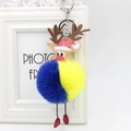 Detail of reindeer plush keychain with blue and yellow faux fur pompom and silver clasp - Yellow And Blue