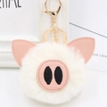 Cute white plush pig keychain with soft pom-pom fur and golden metal lobster clasp - Gold Key Chain Style / Off White