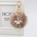 Close-up of golden ballerina pendant with rhinestones on light brown plush pompom keychain - 8cm Faux Fur / Light Coffee