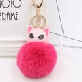Nahaufnahme von rosa Kunstpelz-Bommel-Schlüsselanhänger mit Katzenkopf aus PU-Leder - Rosenrot
