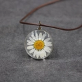 Collier pendentif marguerite en résine avec fleur blanche séchée et cordon brun femme - Série de Fleurs Pressées Réelles / Blanc