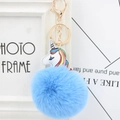 Detail of blue faux fur pompom and golden lobster clasp on unicorn keychain - Sky Blue
