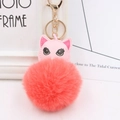 Détail du porte-clés chat rose en peluche avec tête en similicuir et fermoir doré chic - Rouge Orangé