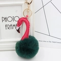Detail of flamingo keychain with green faux fur pompom and golden lobster clasp - Dark Green and Rose