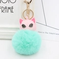 Détail de la tête de chat en cuir rose et du pompon vert menthe du porte-clés - Vert menthe