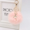Close-up of fluffy pink faux fur pompom and golden ballerina keychain charm with rhinestones - 8cm Faux Fur / Pink