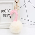 Detail of pink flamingo plush keychain with white faux fur pom-pom and gold metal clasp - Off White-Pink