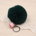 Detail of dark green faux fur pompom with pink bell and silver metal keychain ring - 8cm Faux Rabbit Fur With Bell / Dark Green