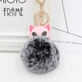 Détail du porte-clés chat en similicuir rose avec pompon en fourrure grise et anneau doré - Noir Bicolore