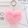 Plush heart-shaped keychain in soft pink faux fur with silver metal ring and chain - Silver Single Ring Keychain / Light Pink
