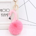 Pink plush flamingo keychain with gold metal lobster clasp and fluffy faux fur ball - Dark Pink