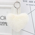 Close-up of white plush heart keychain with soft faux fur texture and silver metal ring - Silver Single Ring Keychain / Off White
