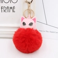 Détail du porte-clés pompon en fausse fourrure rouge avec tête de chat en cuir rose - Rouge