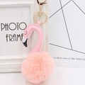 Pink plush flamingo keychain with golden metal ring for women's handbag accessory - Korean Pink