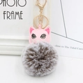 Détail de tête de chat en cuir PU rose et porte-clés pompon en fourrure synthétique grise - Bicolore Gris