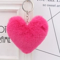 Fluffy rose red heart faux fur keychain with silver metal ring for bags and car keys - Silver Single Ring Keychain / Rose Red