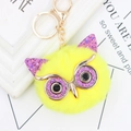 Sparkly yellow owl pompom keychain with purple sequins and gold eyeglass frames - Gold Key Chain Style / Yellow Purple