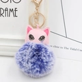 Pendentif tête de chat en cuir rose avec pompon en fourrure bleue et blanche et porte-clés - Double Bleu