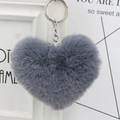 Detailed macro view of a fluffy gray heart-shaped plush keychain with a silver metal link - Silver Single Ring Keychain / Dark Gray